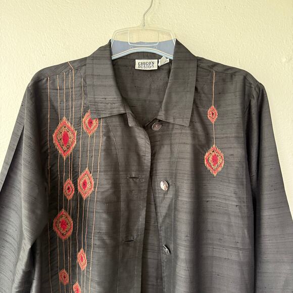 Chico's Design jacket 100% silk embroidered red diamond patterns Size L - Picture 3 of 12